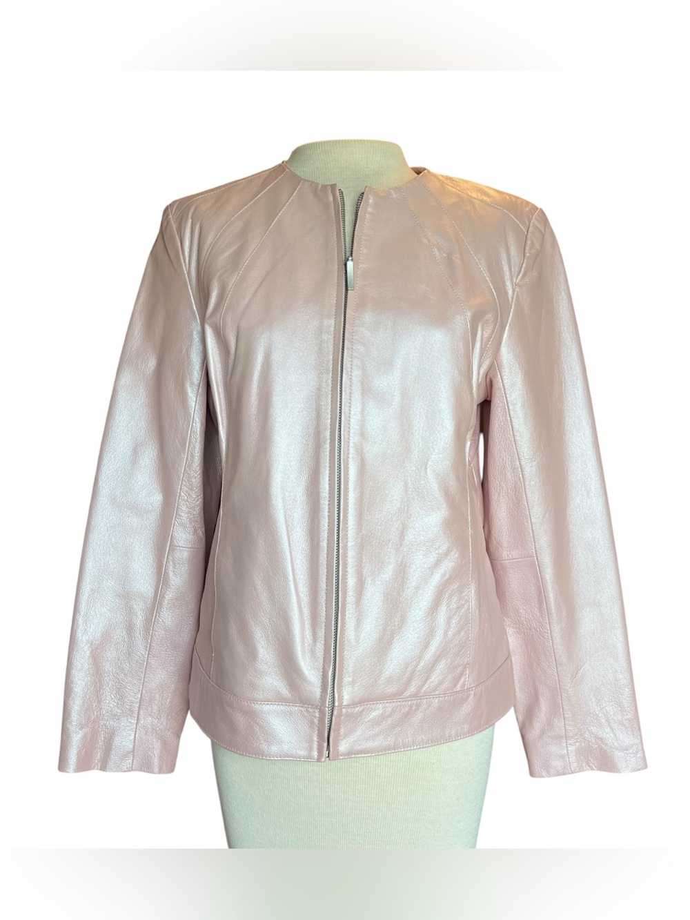 VTG 90s Women’s Pink Shimmer Leather Moto Jacket Sz M